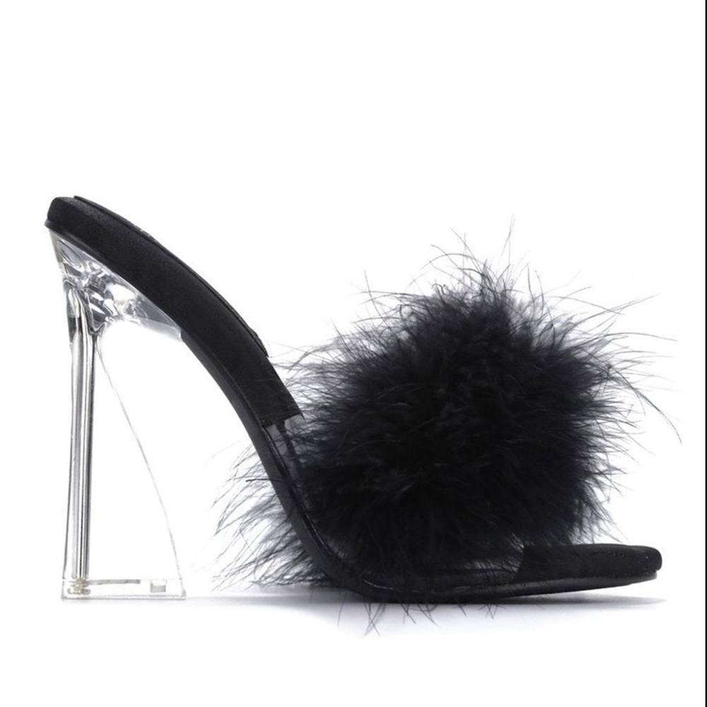 Erica Faux Feather Mule Heel - Black